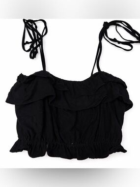 Miou Muse Linen Blend Ruffle Crop Top Black Tie Strap Boho Cottagecore S